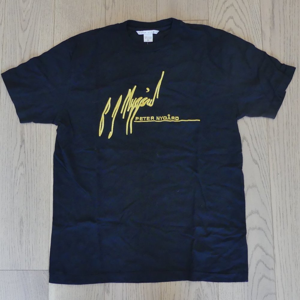 Peter Nygard Vintage 1980's Gold Embroidered Text Black Large T-Shirt